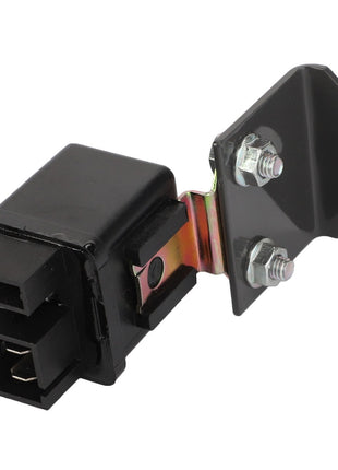 Introducing the AGCO | Relay, Starter - ACY1569440 by AGCO. This black automotive relay, equipped with two connectors and mounted on a metal bracket with two bolts, is perfect for machinery maintenance. As a Genuine Electrics component, it ensures both reliability and performance.