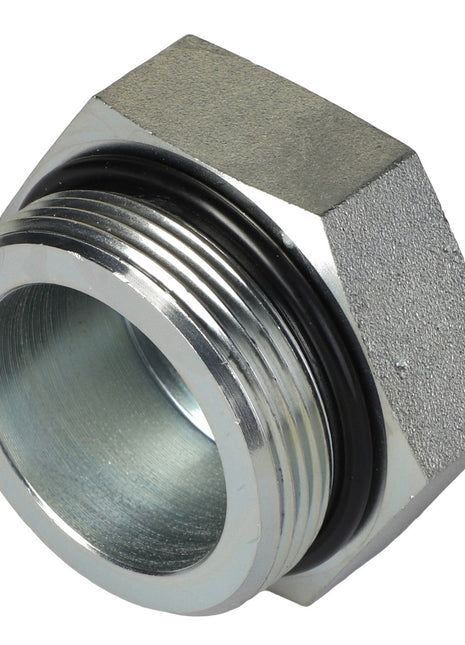 A close-up view of the AGCO | PLUG - AG562568, a metallic threaded plumbing fitting with a hexagonal head and a rubber O-ring, produced by AGCO.