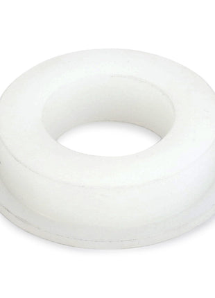 The AGCO Plastic Bushing - D28780805 is a white, plastic, ring-shaped object with a central hole and a wider outer edge, featuring a smooth bearing surface.