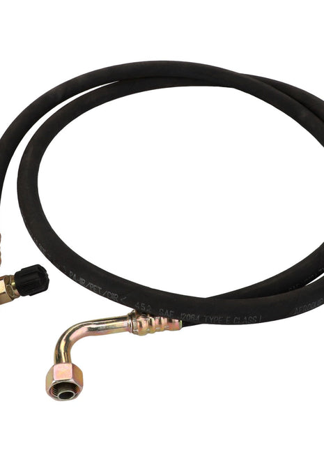 The AGCO | HOSE - D26735177 is a black rubber hose equipped with two brass fittings, one at each end, featuring an angled connector and a straight connector.
