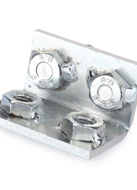 The AGCO | ELBOW - D28380105 by AGCO is a sturdy metal L-bracket with two attached bolts and nuts, ensuring secure fastening and reliable support.