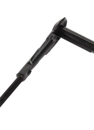 Close-up of the AGCO LEVER - CG3823181590, a black metal tool featuring a long threaded rod, a flat section with a cutout, and a cylindrical handle at a perpendicular angle. No current product description information is available.