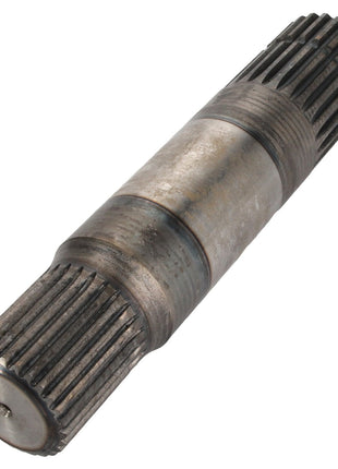 This AGCO Shaft - model ACW1038020 is a cylindrical metal gear shaft featuring multiple teeth on both ends. It shows signs of wear and use. No current product description information is available from the manufacturer.