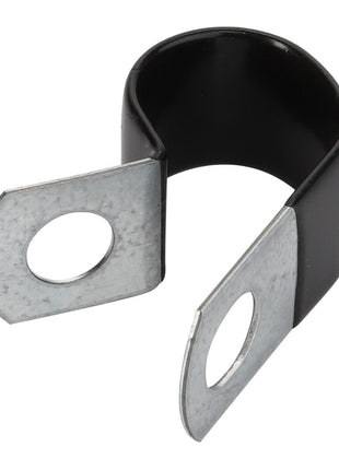 The AGCO | CLAMP - AG561753 is a metal clamp with two flanged ends and a hole in each end, designed for securing pipes or cables. The clamp features a partial black protective coating. No additional current product description information is available.