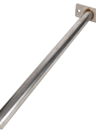 The AGCO SHAFT - AG059322 is a cylindrical metal rod with a flat rectangular base plate featuring four precisely drilled holes.