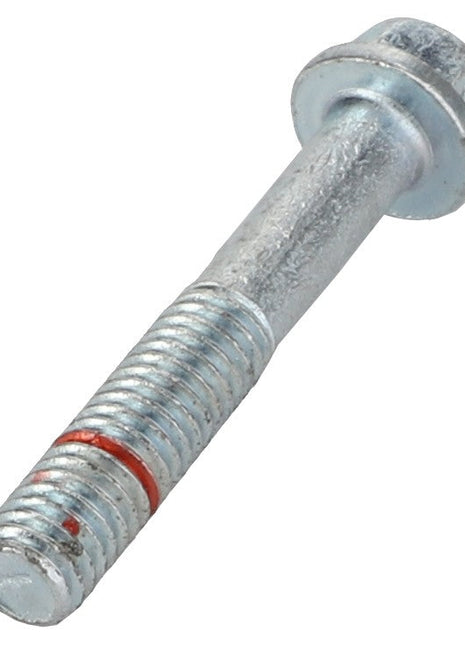 A close-up of the AGCO Bolt - Acp0208030, featuring a metal bolt with a threaded shaft, showcasing a red mark near the threads and a head with a recessed socket.