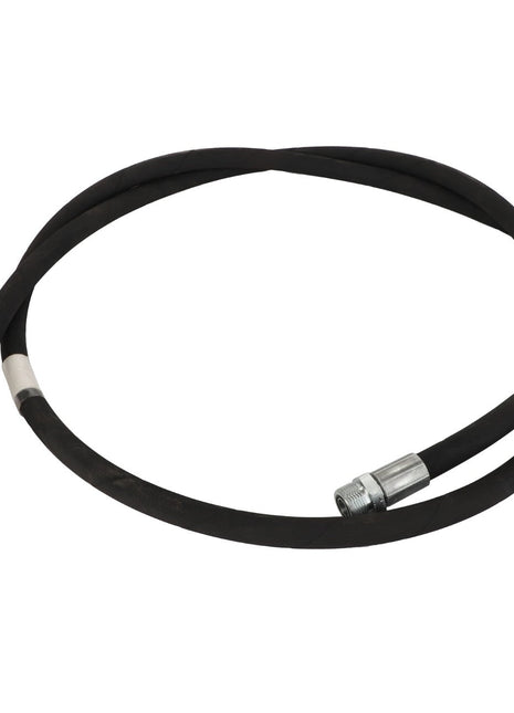 Introducing the AGCO | Hose - Acp0319180, a black rubber hose featuring durable metal connectors at both ends, coiled in a circular shape and designed for versatile use. Though it currently lacks a detailed description, this product by AGCO promises reliable functionality.