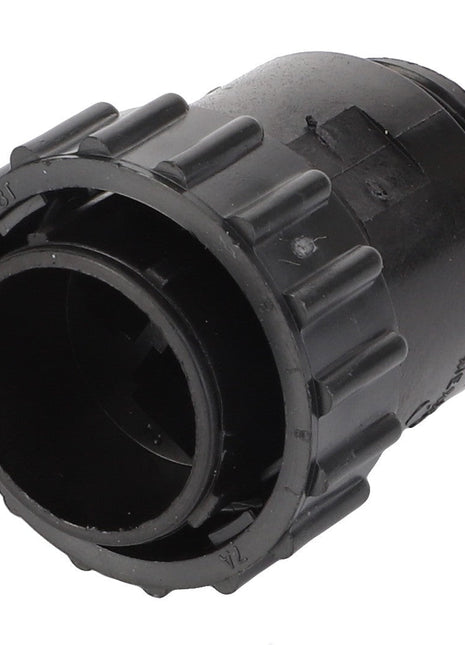 The AGCO Connector - D45010012 is a black plastic threaded fitting with a ribbed exterior for grip, currently without product description information available.