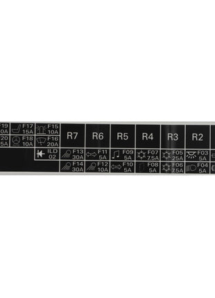 A black and white label from AGCO, displaying a diagram of fuse and relay placements with symbols and amperages ranging from 5A to 30A, along with relay designations R1 to R7. Product Name: AGCO | DECAL - D28782959. Note: No current product description available.