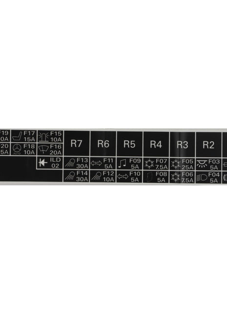 A black and white label from AGCO, displaying a diagram of fuse and relay placements with symbols and amperages ranging from 5A to 30A, along with relay designations R1 to R7. Product Name: AGCO | DECAL - D28782959. Note: No current product description available.