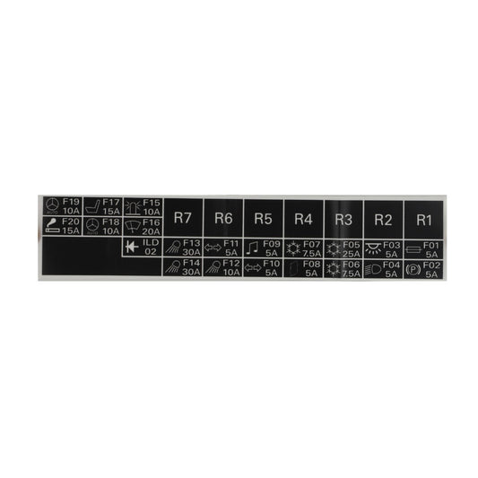 A black and white label from AGCO, displaying a diagram of fuse and relay placements with symbols and amperages ranging from 5A to 30A, along with relay designations R1 to R7. Product Name: AGCO | DECAL - D28782959. Note: No current product description available.
