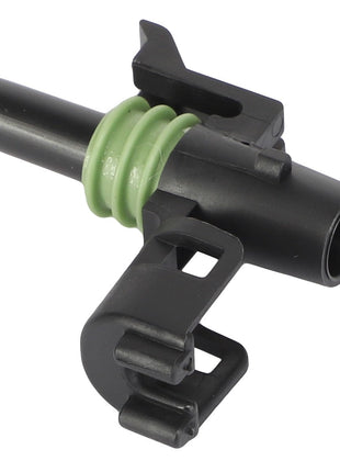 Close-up of the AGCO ELECTRICAL CONNECTOR - AG515854, featuring a black plastic air line connector with a green sealing ring and a clip attachment.