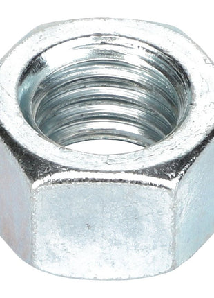 A close-up view of the AGCO | HEX NUT - AG550477, a shiny hexagonal metal nut with internal threading, commonly used in conjunction with a bolt for fastening purposes by the brand AGCO. No current product description information is available.
