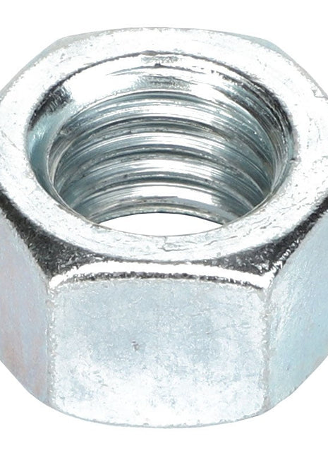 A close-up view of the AGCO | HEX NUT - AG550477, a shiny hexagonal metal nut with internal threading, commonly used in conjunction with a bolt for fastening purposes by the brand AGCO. No current product description information is available.