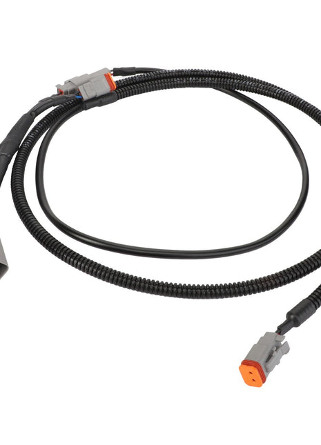The AGCO Cable - Acp0378040, a black electrical wiring harness by AGCO, features connectors at both ends with two gray and one orange connector. Currently, there is no detailed product description available.