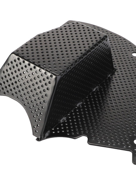 Introducing the AGCO Cowl - Acw1304600, a perforated black metal bracket with multiple holes and an angular design, showcasing a rectangular protrusion in the center.