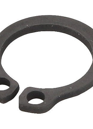 The AGCO CIRCLIP - D42500700 is a black circular snap ring with two holes at the ends, designed to secure components on a shaft or in a bore.