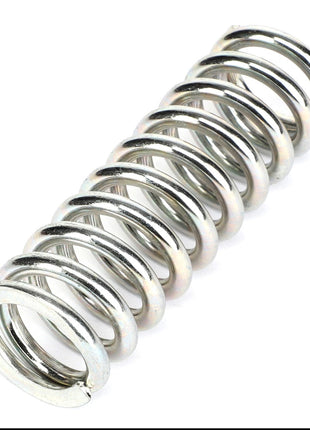 A detailed close-up image of the AGCO Compression Spring - AL5221538, showcasing its shiny, metallic build with a tightly wound structure and precise circular loops.