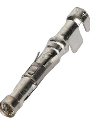 Close-up of the AGCO SOCKET CONTACT - AG517359, highlighting the metal connector's cylindrical shape with a tab and retention features, designed for securing electrical connections.