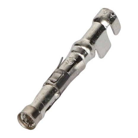 Close-up of the AGCO SOCKET CONTACT - AG517359, highlighting the metal connector's cylindrical shape with a tab and retention features, designed for securing electrical connections.