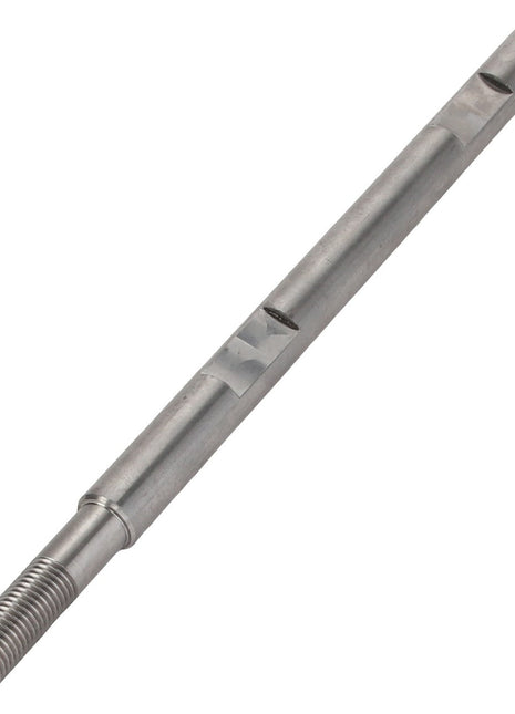 The AGCO JOURNAL - D28785331 is a metal rod featuring a threaded end and multiple notches along its length, demonstrating precise engineering design.