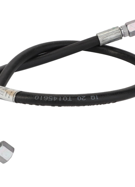 The AGCO Hydraulic Hose - Acw2787110 is a coiled black hose featuring metal connectors on both ends; one connector is straight while the other is angled at a right angle. Currently, there is no additional product description information available.