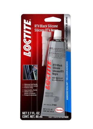 A packaged tube of AGCO Loctite® RTV Black Silicone Sealant. The package includes an 80 mL silver tube labeled in red and white, along with a nozzle for easy application. For ordering information or assistance, please contact our support team and reference product number ACP0038650 (US Only).