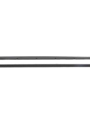 Two long, thin, metallic AGCO | Pair Of Bars - La313241800 with serrated edges are displayed against a white background. One bar features evenly spaced holes. No current product description available for this product from the brand AGCO.