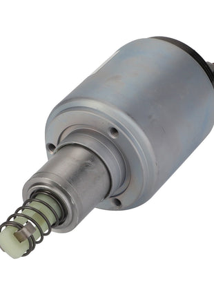 A cylindrical metal component named AGCO | STARTER SOLENOID - F716900060050, featuring a spring and protruding shaft, potentially integral to a precise mechanical or industrial assembly.