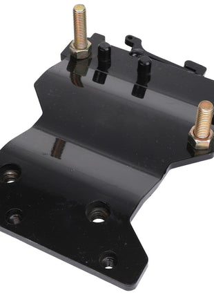 The AGCO Backing Plate, Left Hand - Acp0001300 features a sleek black metal design with three sturdy bolts protruding from the top, perfectly engineered for secure installation.