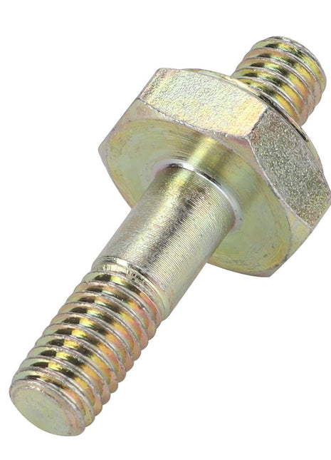 Introducing the AGCO | PLUS POLE - F718202180190, a high-quality metal double-ended threaded stud from AGCO. This component features a hexagonal center flange, with coarse threads on one end and finer threads on the other end.