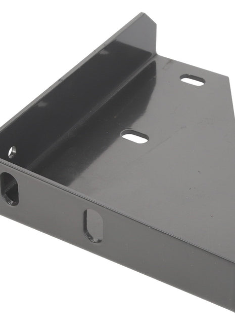 No current product description information is available, but the AGCO | BRACKET - D28185382 by AGCO features a black metal design with multiple cut-outs and mounting holes. This triangular-shaped bracket includes flanges extending from each side.