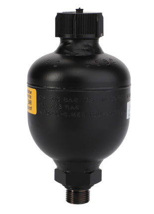 Introducing the AGCO Accumulator - Acw2922260: a black, spherical pressure vessel featuring a threaded bottom connection and a textured knob on top. Currently, product description information is not available.