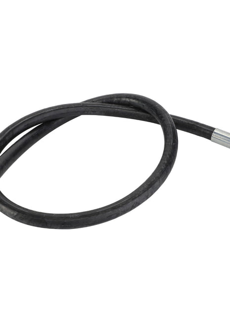 The AGCO | HYDRAULIC HOSE - D45080066 is a black hydraulic hose featuring metal fittings on both ends—one straight and the other angled. No current product description information is available.