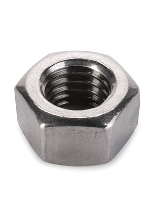 A close-up image of the AGCO | HEX NUT - AG562045, a robust, metallic hexagonal nut with precise internal threading, ideal for secure fastening purposes.