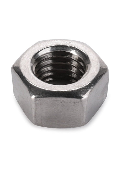 A close-up image of the AGCO | HEX NUT - AG562045, a robust, metallic hexagonal nut with precise internal threading, ideal for secure fastening purposes.