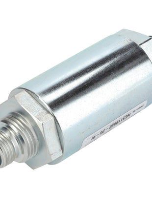 The AGCO Hydraulic Filter In Line Strainer - Acw8493100, a cylindrical metal pressure sensor with threaded ends designed for industrial applications, now incorporates a two-filtration system. It features a label with identification markings and boasts a silver finish.