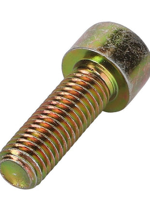 Close-up of the AGCO HEX SOCKET SCREW - D40692400, a metallic bolt featuring threads along its shaft. The reflective surface and slightly worn top highlight its durable design.