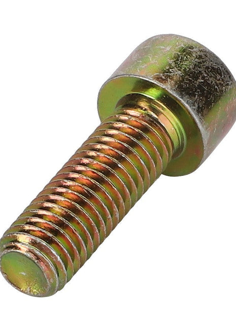 Close-up of the AGCO HEX SOCKET SCREW - D40692400, a metallic bolt featuring threads along its shaft. The reflective surface and slightly worn top highlight its durable design.