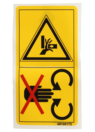 Yellow caution sign for AGCO | DECAL - D49100175: The top section depicts a hand being cut by a sharp object, while the bottom section illustrates a hand with a red cross, signaling to keep hands away from rotating gears. Additional product details are not available beyond this visual warning.