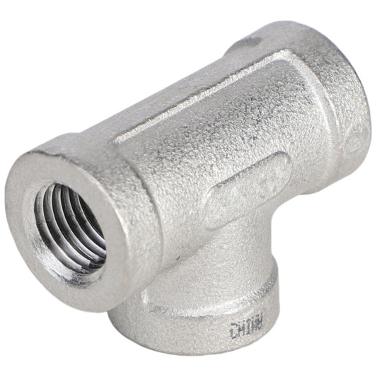 The AGCO | TEE - AG051883 from the brand AGCO is a metallic T-shaped pipe fitting featuring threaded openings on all three ends. Further product description is not available.