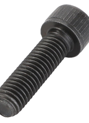 The AGCO Bolt - Acp0445620 is a black, metal, threaded screw with a ridged cylindrical head, shown against a plain white background. Product description is currently unavailable.