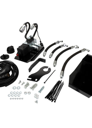 Product AGCO | KIT, VALVE - AL313413, featuring various automotive parts including hoses, cables, bolts, a bracket, and a black metal plate arranged on a white background. Please note that no current product description information is available.