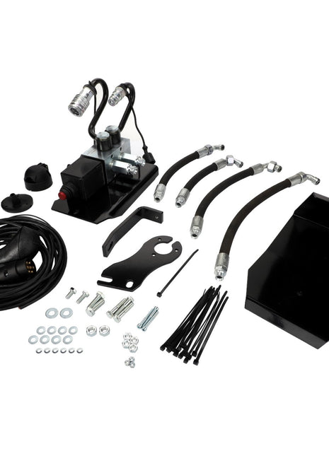 Product AGCO | KIT, VALVE - AL313413, featuring various automotive parts including hoses, cables, bolts, a bracket, and a black metal plate arranged on a white background. Please note that no current product description information is available.