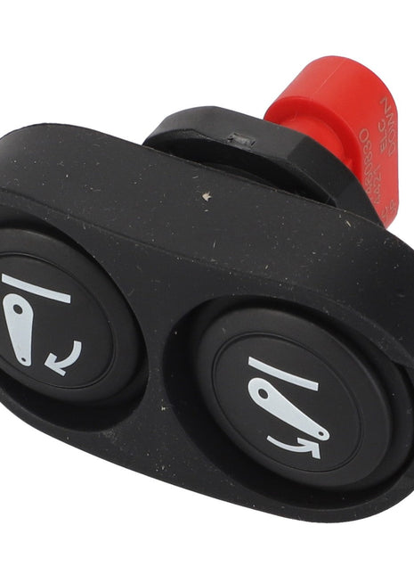 The AGCO Lift Switch - Acw7460830 features a black dual rocker design with two circular buttons, each marked with icons depicting upward and downward arrow motions. It also includes a red component on the backside. No current product description information is available.