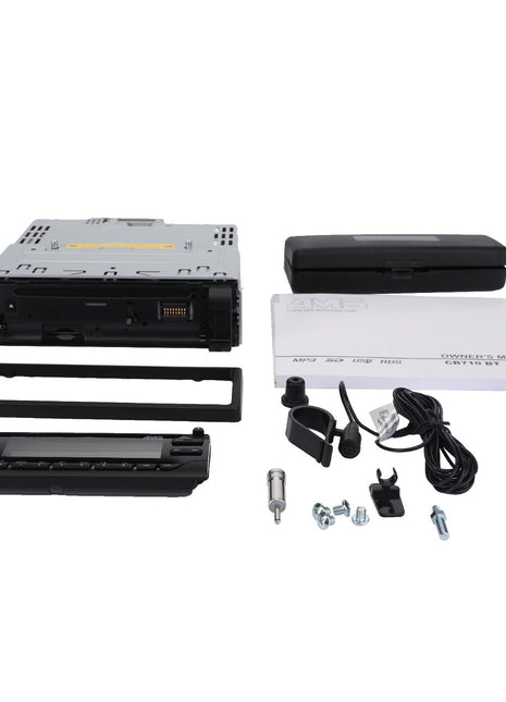 AGCO | Radio Push Butt. - 4378783M2 car stereo installation kit by AGCO includes a stereo unit, faceplate, wiring, mounting brackets, screws, remote control, and user manual arranged on a white background. Perfect for various vehicle types, including Fendt fitment.