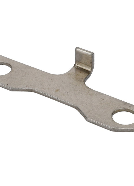 The AGCO | LOCKING PLATE - V30603410 by AGCO is a flat, metallic bracket with two holes on each end and a raised tab in the middle.