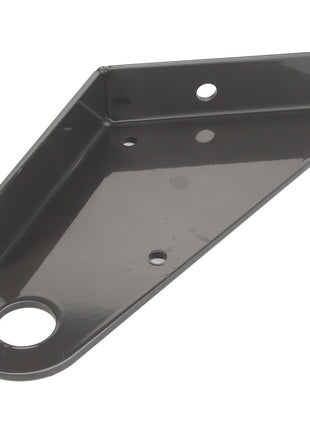 The AGCO | BRACKET, RIGHT HAND - D46150521 is an angled metal bracket painted black. It features four holes for mounting purposes: three on the flat base and one on the vertical side. No further product description information is currently available.