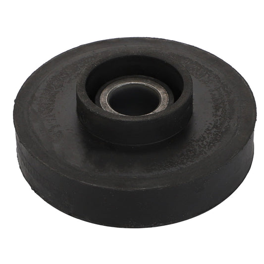 The AGCO Vibration Mount - Acp0674250 features a sleek black rubber wheel with a central metal bearing, viewed from above.