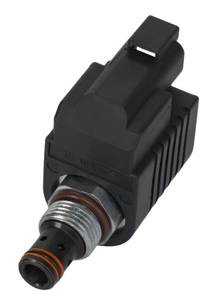 The AGCO Solenoid Valve - AG727287 is a black automotive electronic component with a metal connector end and an orange ring seal, built to meet OE quality performance standards.